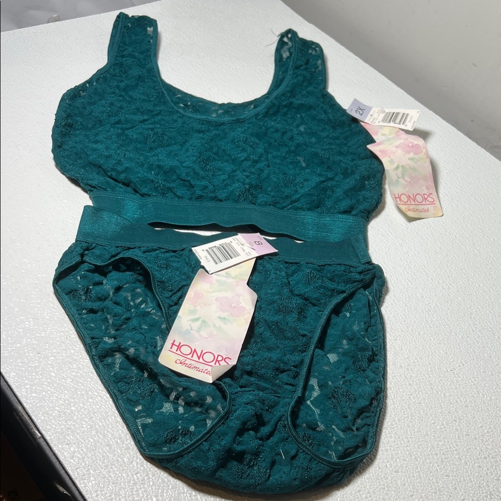 Honors Intimates Dark Teal Lace Bralette & Bikini Panty Set Stretchy NEW